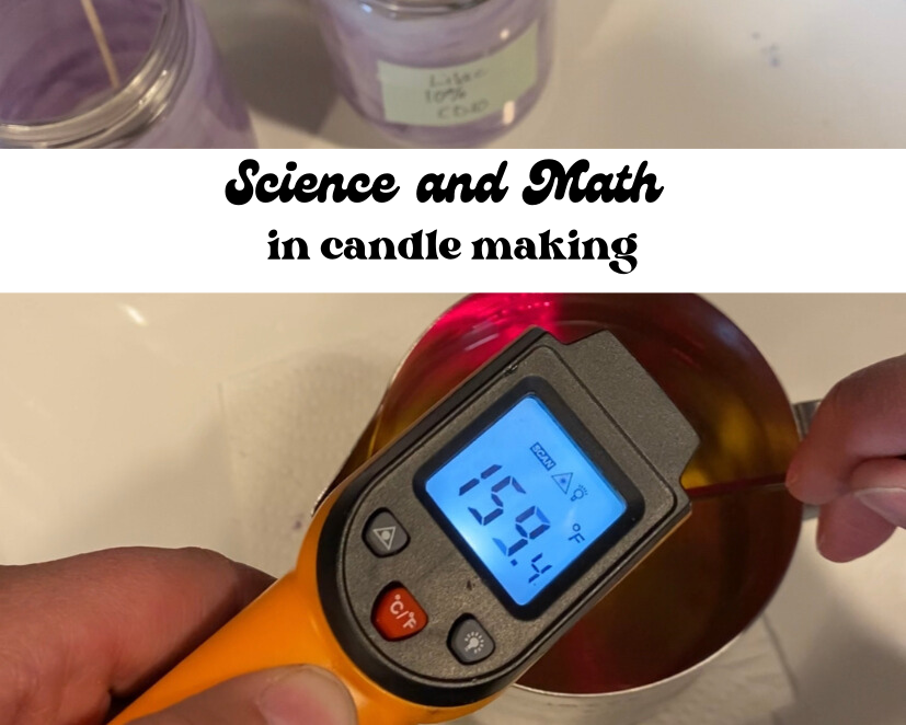 Taking temperature of coconut soy candle wax before pouring melted wax into container.